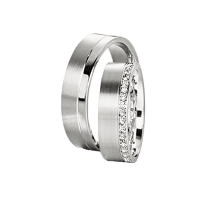 Platinum His and Hers wedding rings, featuring satin and shiny finish, with one band adorned with round cut diamonds.