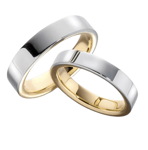 His and Hers platinum wedding bands with 18K yellow gold accents, featuring a shiny finish and comfort fit.
