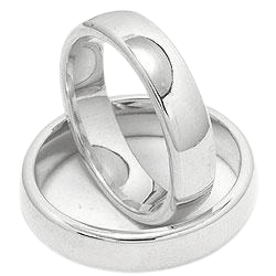 His and Hers platinum wedding bands with shiny finish, comfort fit, 5mm wide, manufactured in New York, USA.