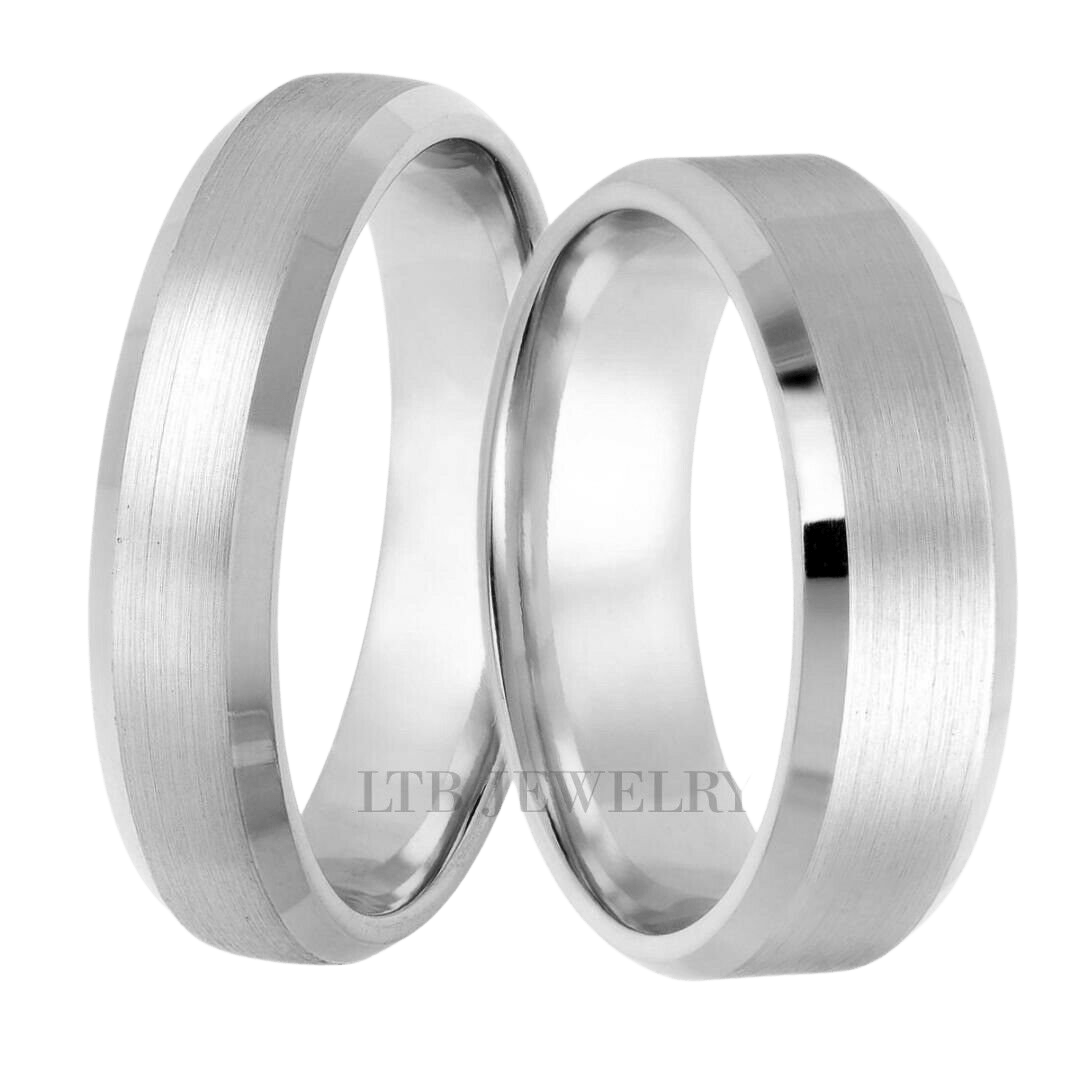 His and Hers platinum wedding rings featuring satin and shiny finishes, comfort fitted, 6mm and 5mm wide, handcrafted in New York.