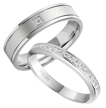 Princess cut diamond his and hers wedding bands in 10K solid white gold with comfort fit, featuring shiny and satin finishes.