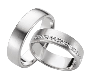 His and hers diamond wedding rings in white gold, featuring satin finish and comfort fit design, showcasing brilliant cut diamonds.
