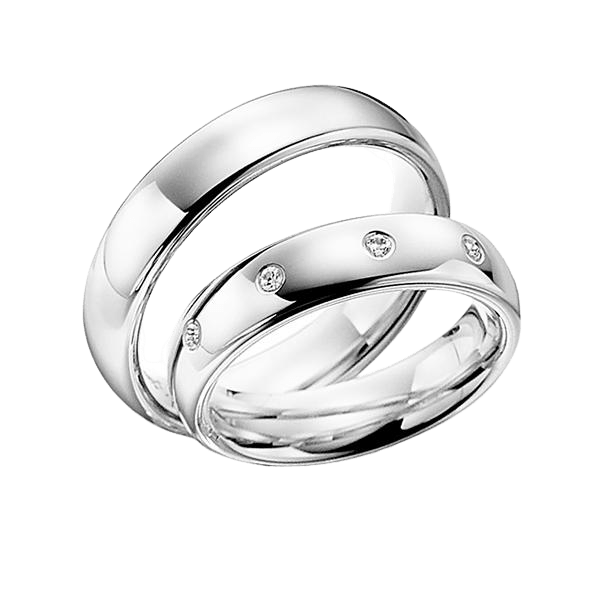 Elegant his and hers platinum wedding bands set featuring shiny finish and round cut diamonds.