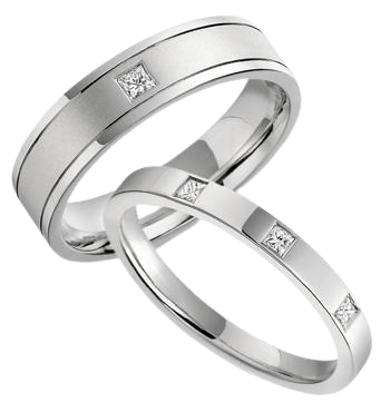 His and hers platinum wedding bands featuring princess cut diamonds with satin finish and shiny comfort fit.