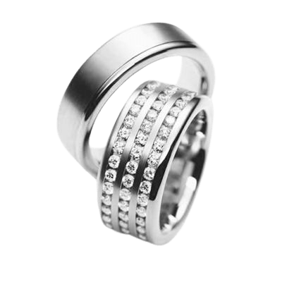 His and Hers platinum diamond wedding bands set, featuring a satin finish and brilliant round cut diamonds.