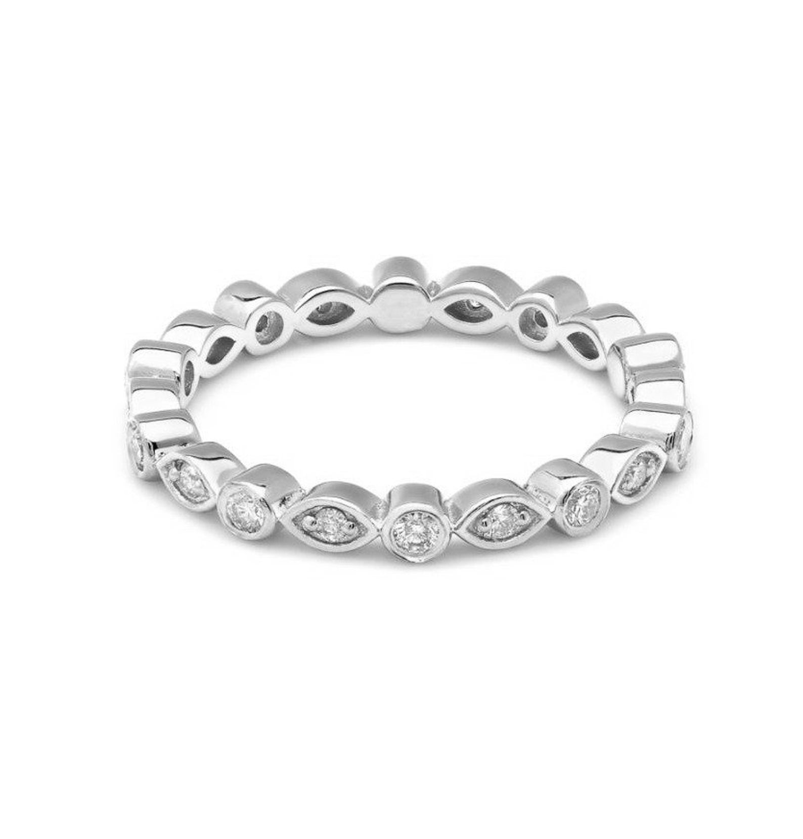 14K gold women's full eternity diamond wedding ring featuring 20 round diamonds with shiny finish and unique design.