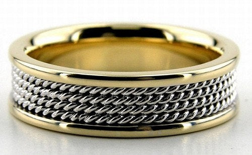 Two-tone gold rope braided wedding band in 10K 14K 18K solid gold with shiny finish, comfort fitted, 6mm width.