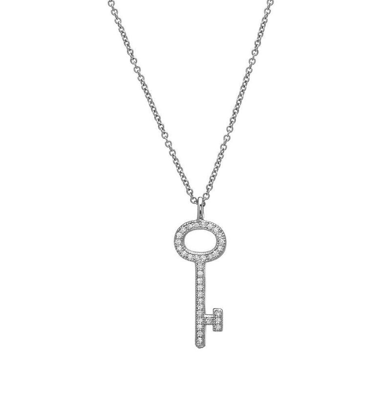 14K solid white gold diamond key necklace with 34 sparkling diamonds, 16 inches long, elegant and stylish jewelry.