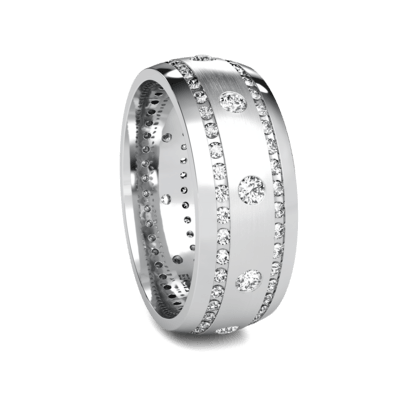 Men's diamond wedding band in solid white gold, 8mm wide, featuring round diamonds and a shiny finish.