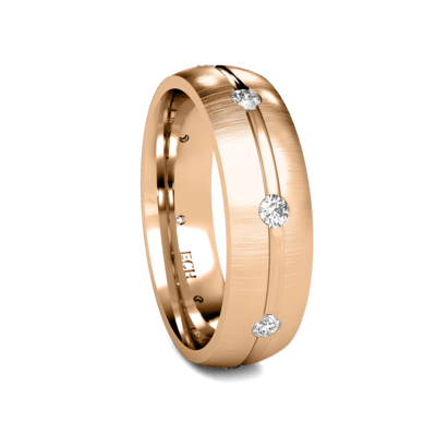 Mens diamond wedding ring in rose gold with brushed finish and three round brilliant cut diamonds.