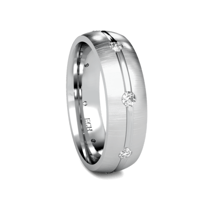 Men's diamond wedding ring in solid white gold, featuring a brushed finish and three round diamonds totaling 0.32 carats.