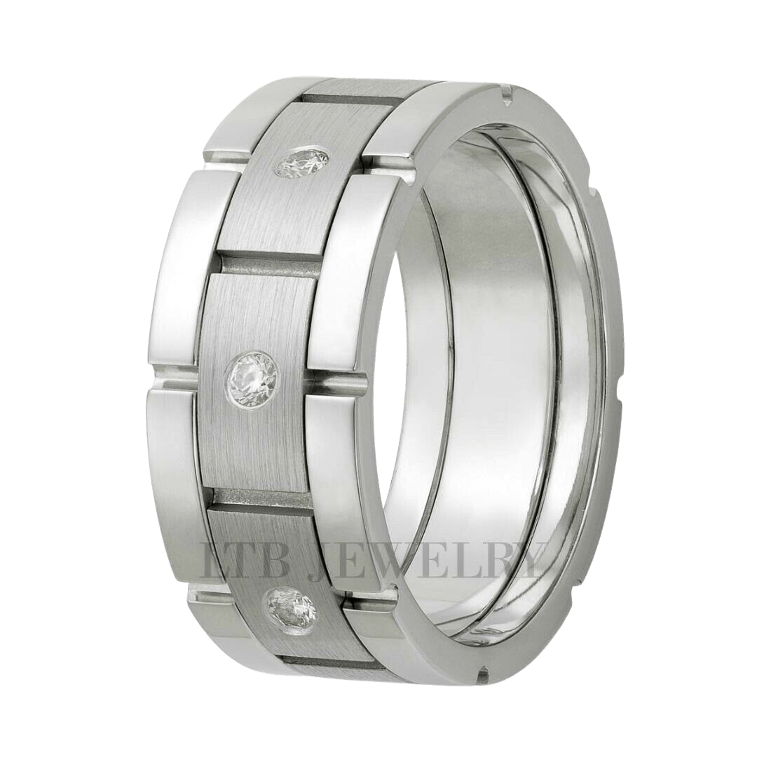 Handmade Platinum Men's Diamond Wedding Band with Satin and Shiny Finish, featuring 8 round brilliant cut diamonds.
