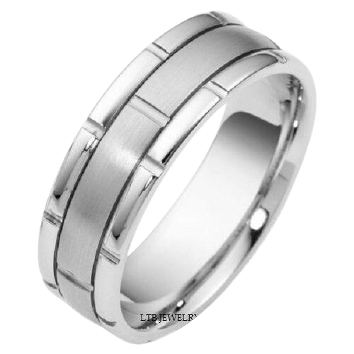 Handmade platinum men's wedding band, 7mm with satin finish center and shiny edges, comfort fit, made in New York.