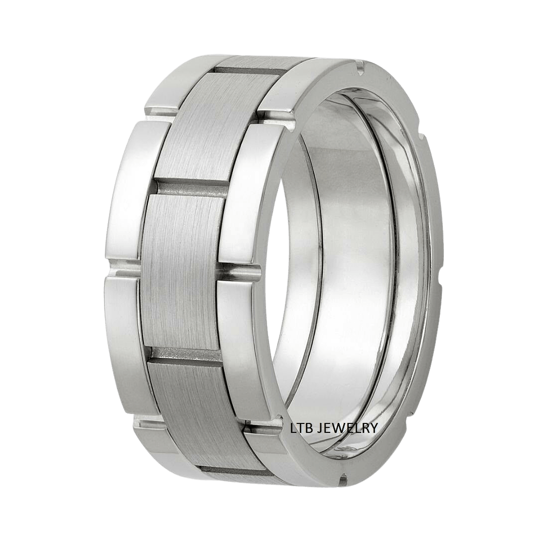 Stylish platinum men's wedding band with satin finish center and shiny edges, 8.5mm wide, handcrafted in New York.