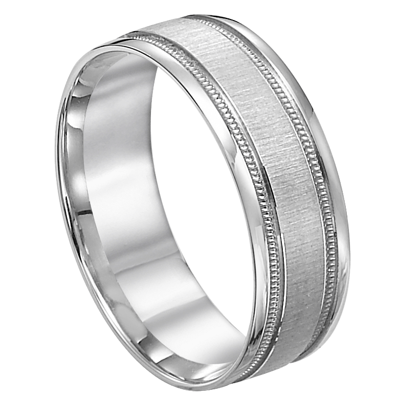 Elegant 950 Platinum men's wedding band, 7mm wide, brushed center with milgrain, comfort fitted, shiny edges.