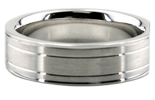 Mens platinum wedding ring featuring a 6mm satin finish band with shiny lines, comfort fitted design, made in New York.