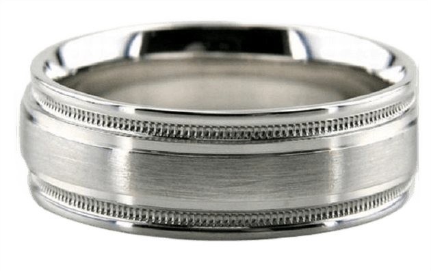 7mm 950 Platinum mens wedding band with satin finish and milgrain detail, comfort fitted, made in New York, USA.