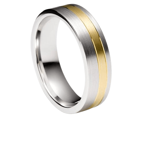 14K two-tone gold wedding band, 6mm wide, satin finish, comfort fitted, manufactured in New York.