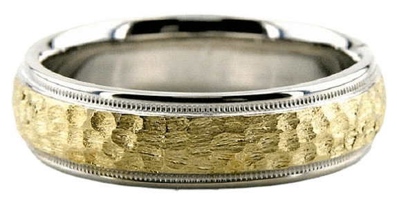 Two tone gold hammered finish wedding ring with shiny white gold edges, 6mm width, comfort fit, made in New York.
