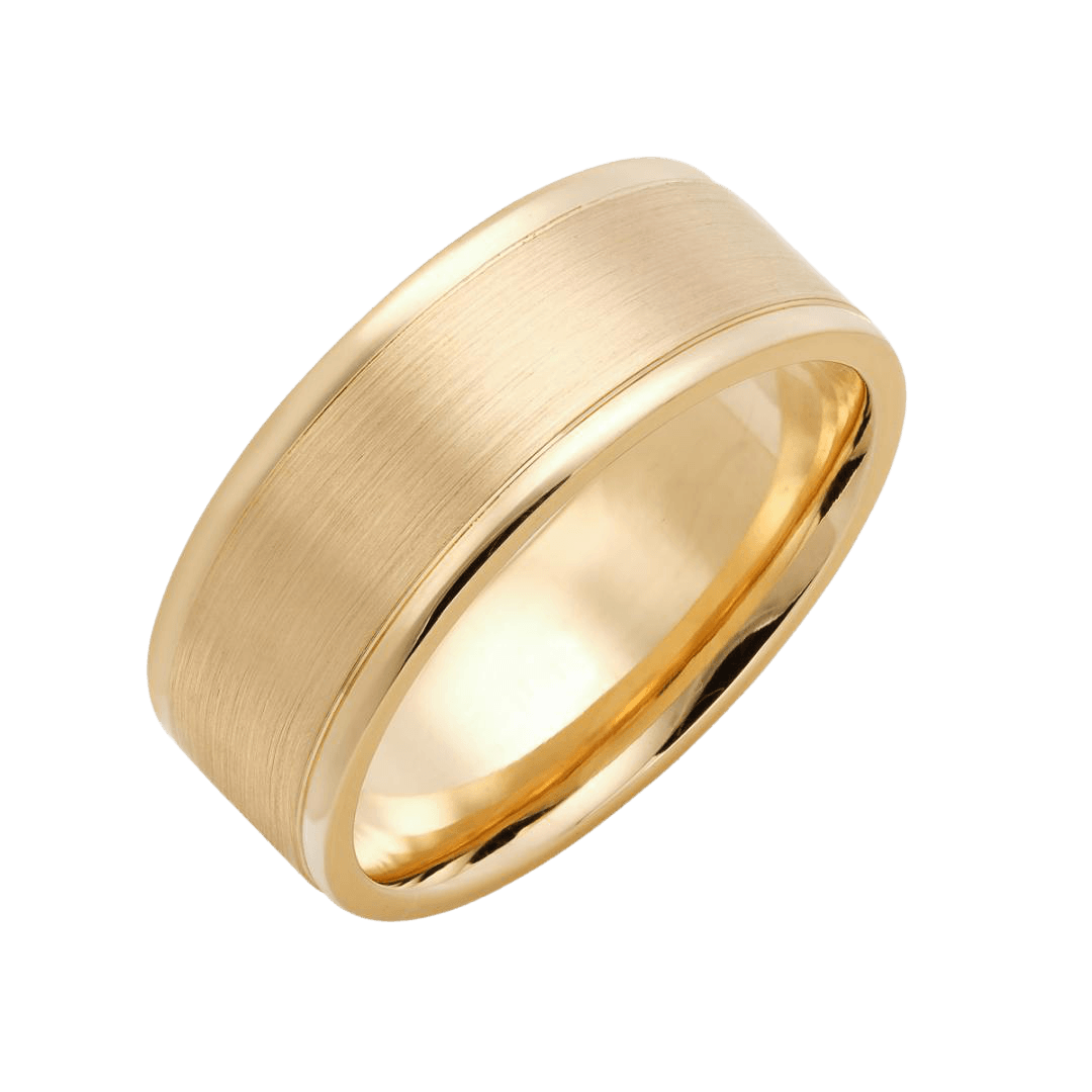 8mm yellow gold men's wedding band with satin finish center and shiny edges, comfort fitted, handcrafted in the USA.