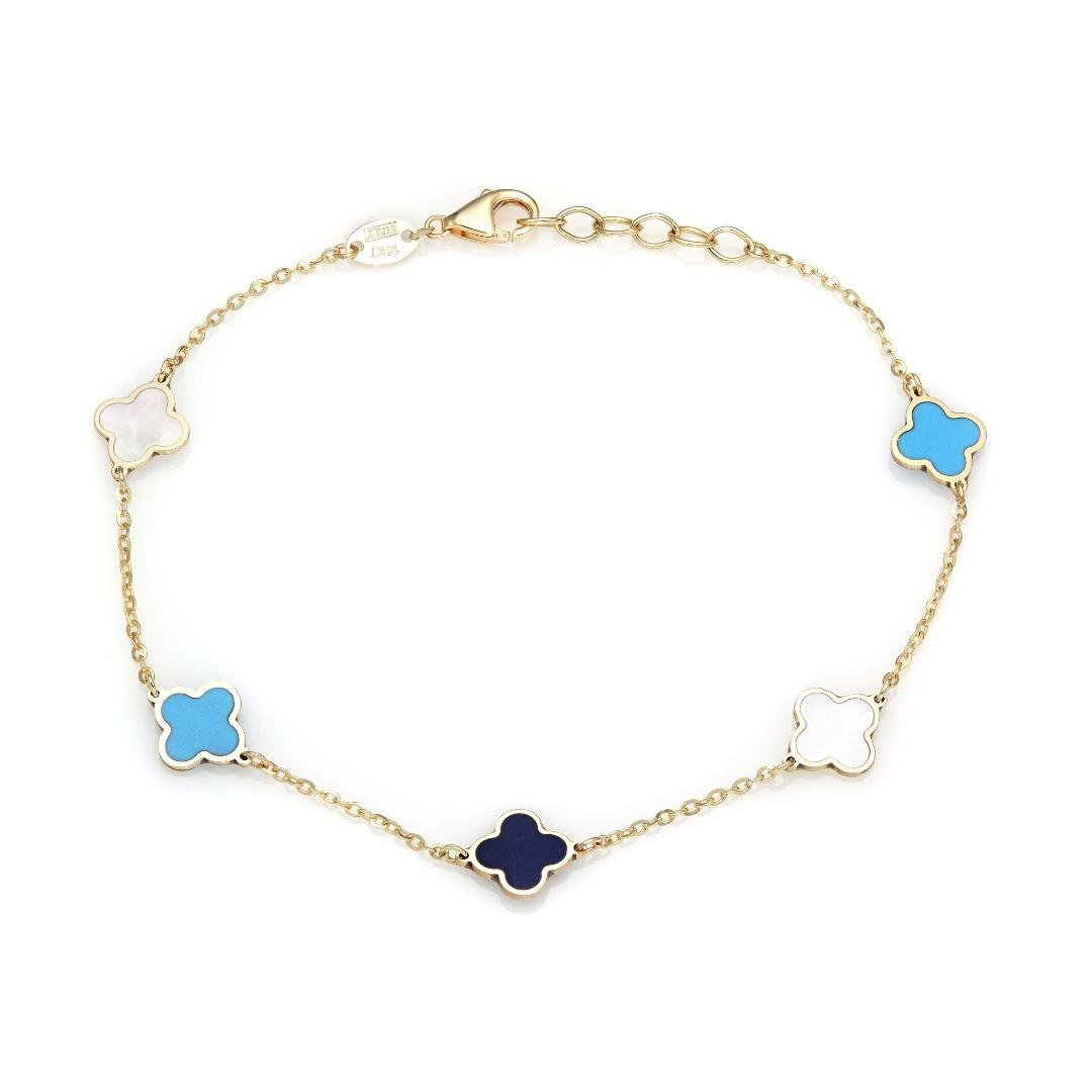 14K solid gold four leaf clover bracelet featuring mother of pearl and turquoise accents, elegant and stylish.