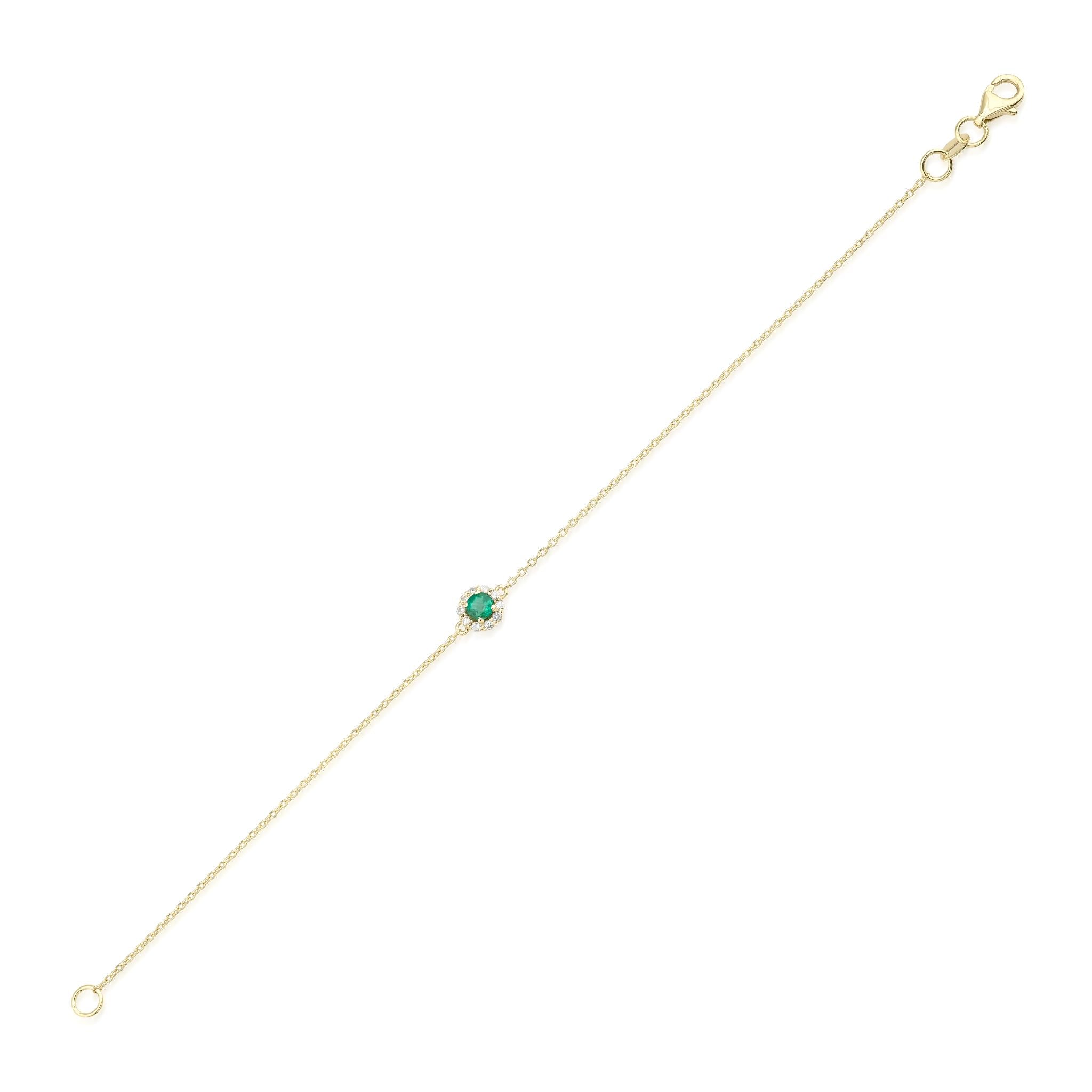 14K gold bracelet featuring a natural emerald and diamonds, delicate design perfect for everyday wear.