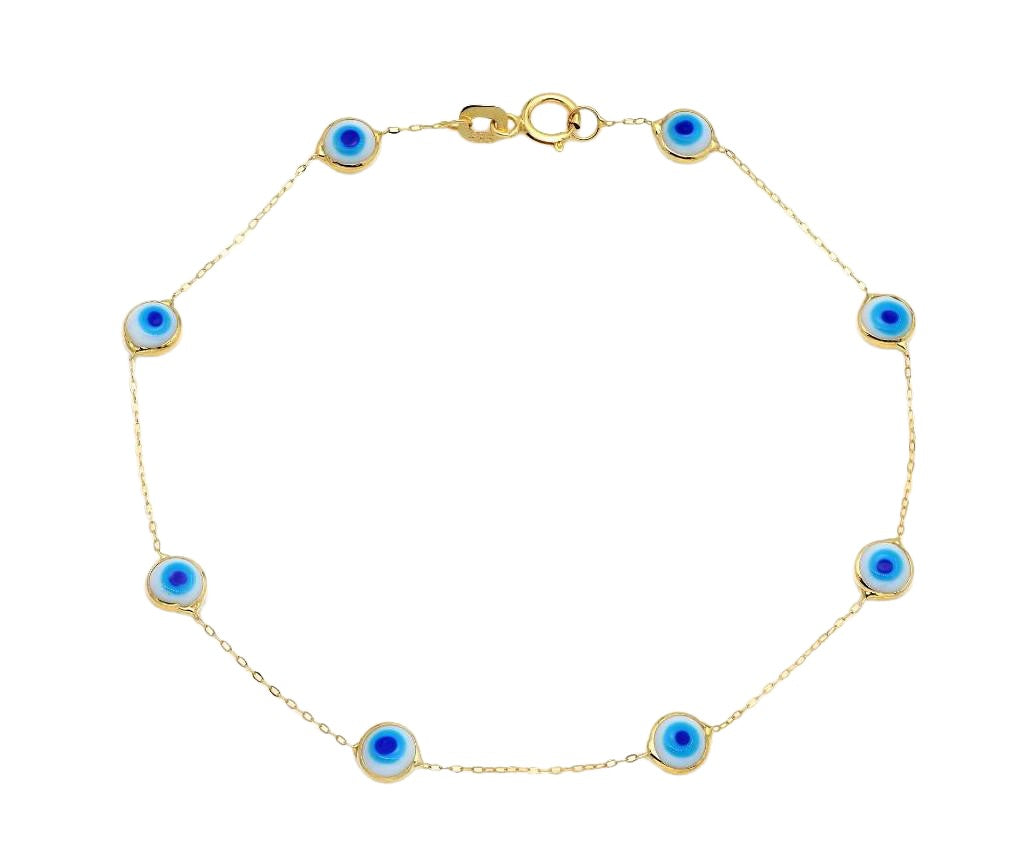 14K solid yellow gold beaded evil eye bracelet featuring blue evil eye stations, minimalist design, 8-inch length.