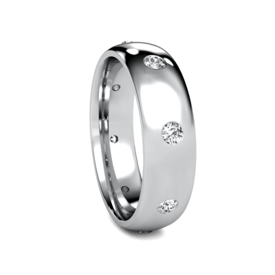 Plain dome diamond wedding band in solid white gold with eight round brilliant cut diamonds, comfort fit design.