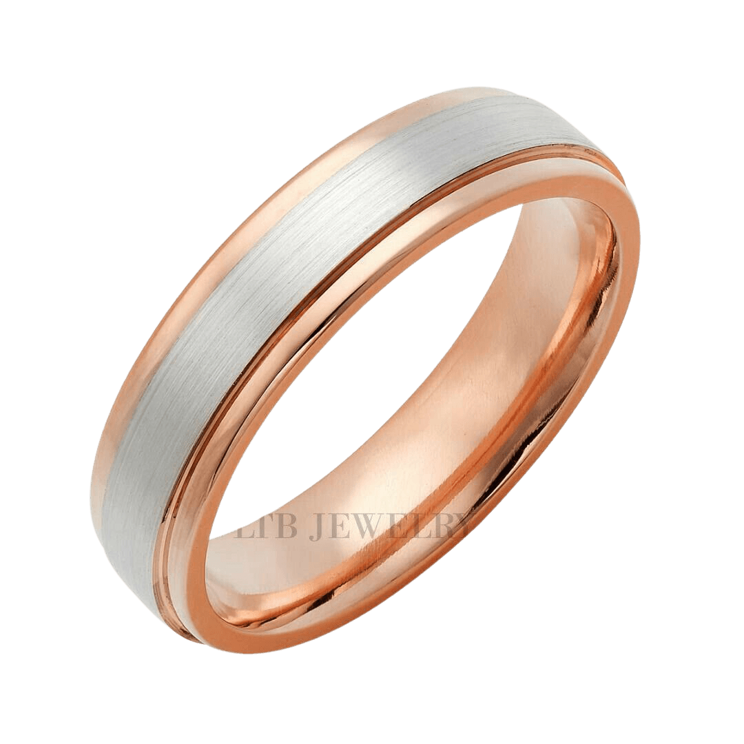 14K solid rose gold and platinum wedding band, 5mm wide with satin and shiny finish, comfort fit, made in New York.