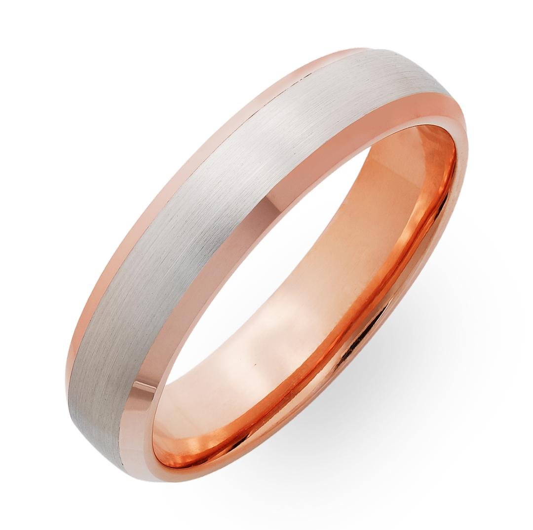 14K solid rose gold and platinum beveled edge wedding band with satin and shiny finishes, 5mm comfort fit, handcrafted in NYC.