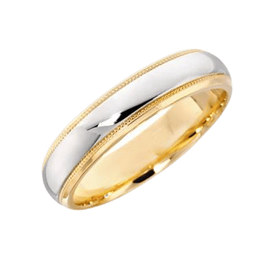 18K solid yellow gold and platinum wedding band with a shiny finish and milgrain detail, comfort fit, 5mm wide.