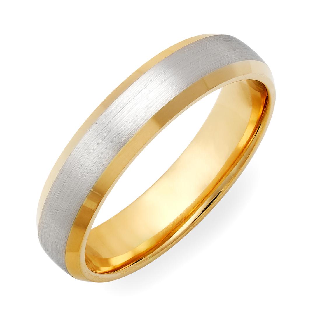 18K yellow gold and platinum men's and women's wedding band, 5mm wide, beveled edge, satin finished center, shiny edges.