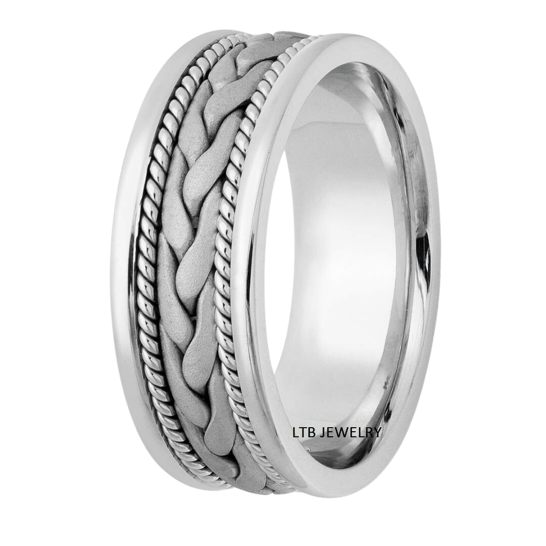 Platinum handmade braided mens wedding band with satin finish and shiny edges, 8mm wide, comfort fit, made in New York.