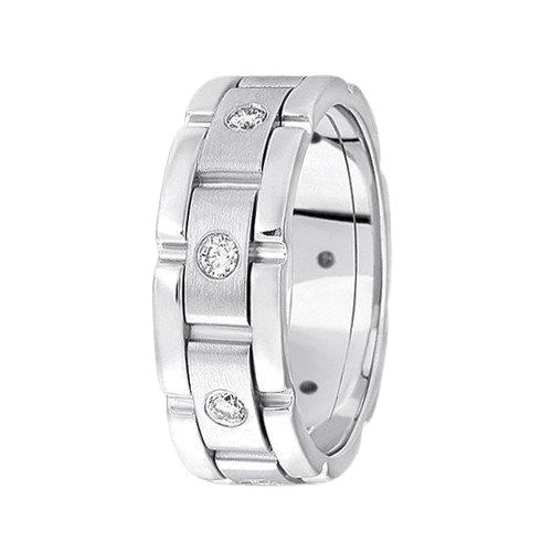 Platinum Rolex style diamond wedding band with satin and shiny finish, featuring 8 round brilliant cut diamonds, 7mm wide.