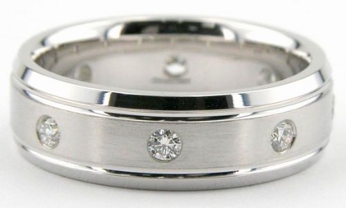 Platinum diamond wedding band with satin finish and three round diamonds, 6mm comfort fit men's ring.