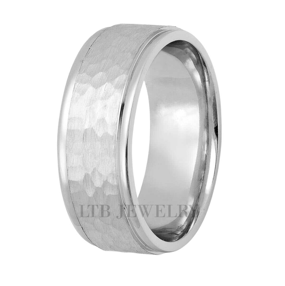 Hammered finish platinum mens wedding band, 7mm wide, shiny edges, comfort fit, crafted in New York, available in various styles.