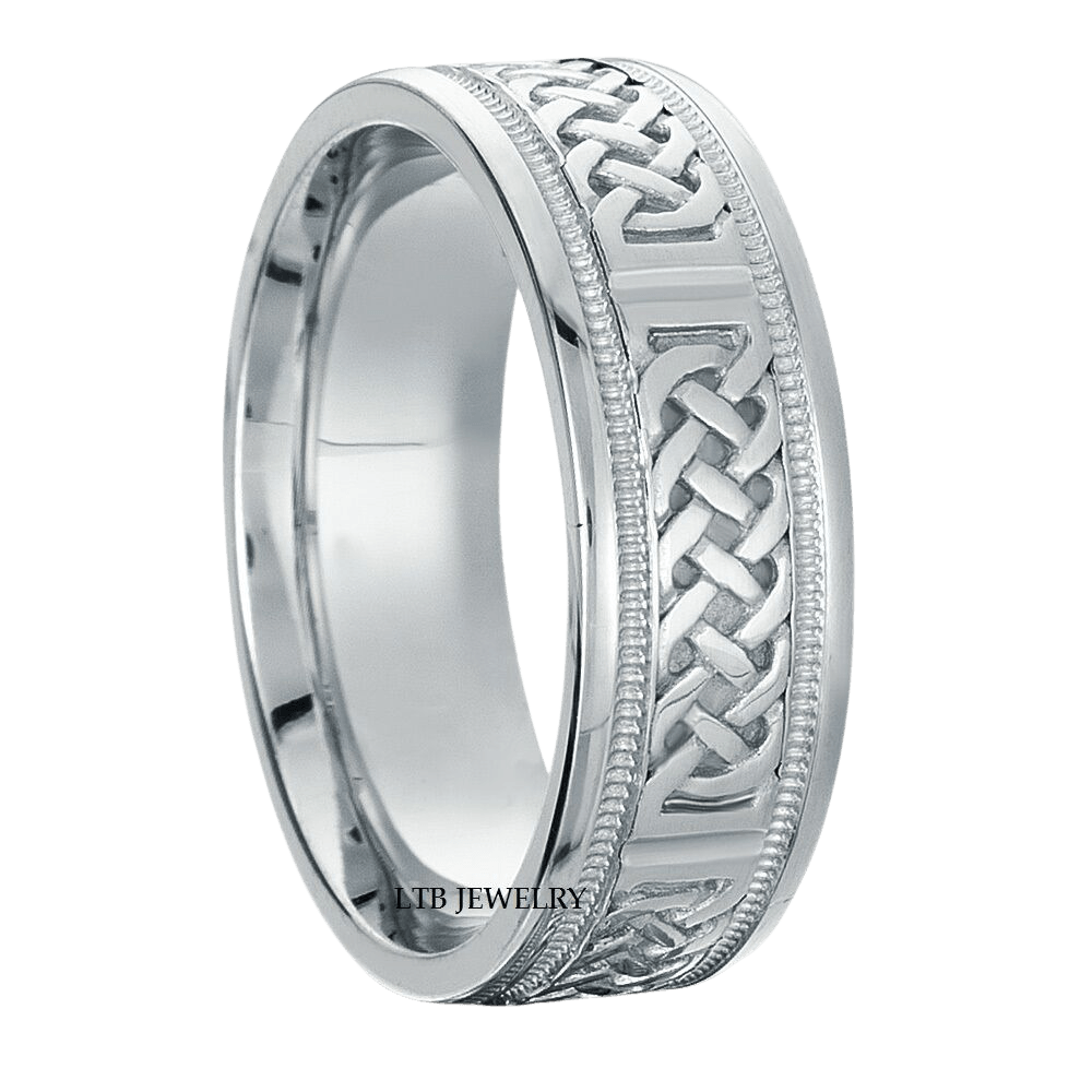 Handmade platinum Celtic men's wedding band, 7mm wide, shiny finish, with milgrain detail on the sides.