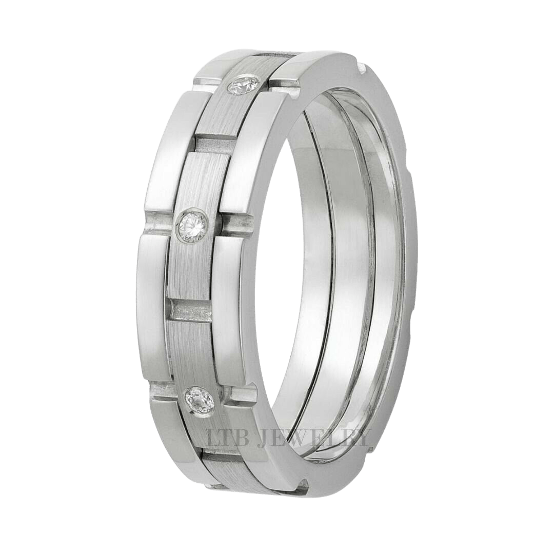 Platinum diamond wedding band with satin finish and 8 round brilliant cut diamonds, 6mm wide.