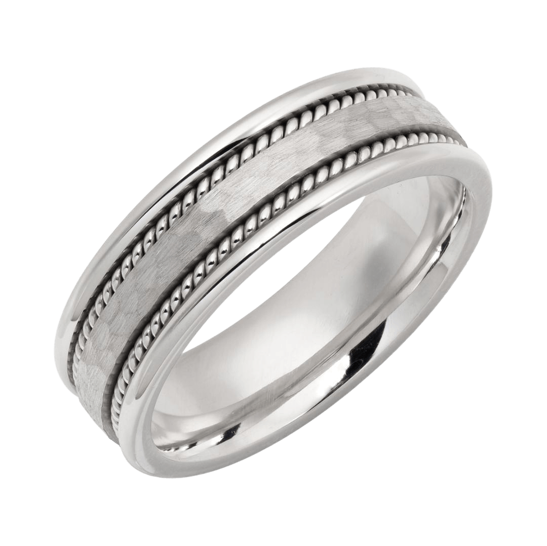 Handmade hammered finish platinum wedding band with shiny white gold rope detail, 6.5mm comfort fit, made in New York.