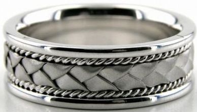 Platinum handmade men's wedding ring with braided satin finish and shiny rope design, 7mm wide, comfort fit.