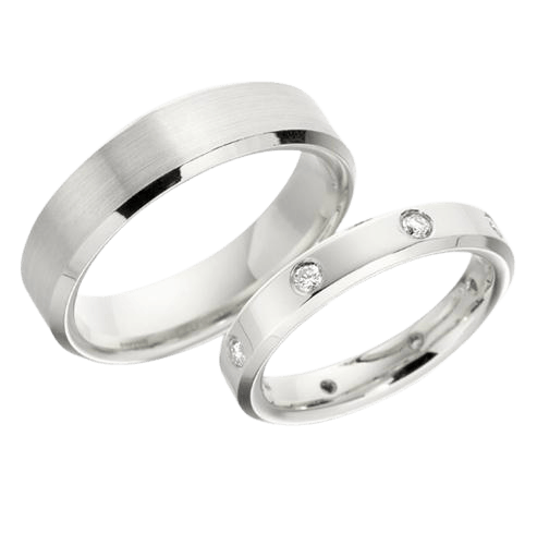 Platinum his and hers diamond wedding bands featuring satin and shiny finishes with brilliant round cut diamonds.