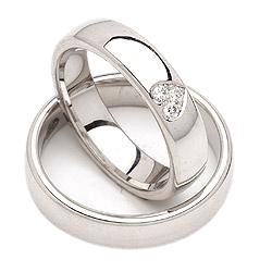 His and Hers platinum wedding bands set featuring a classic design with a heart-shaped diamond accent.