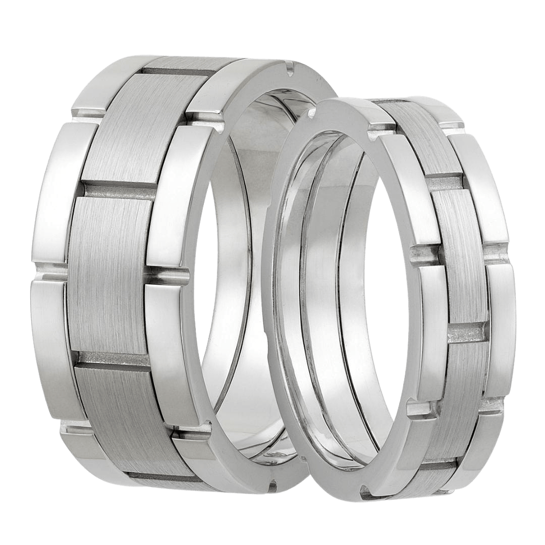 Platinum handmade his and hers wedding bands with satin and shiny finishes, 8mm and 6mm, crafted in New York, USA.