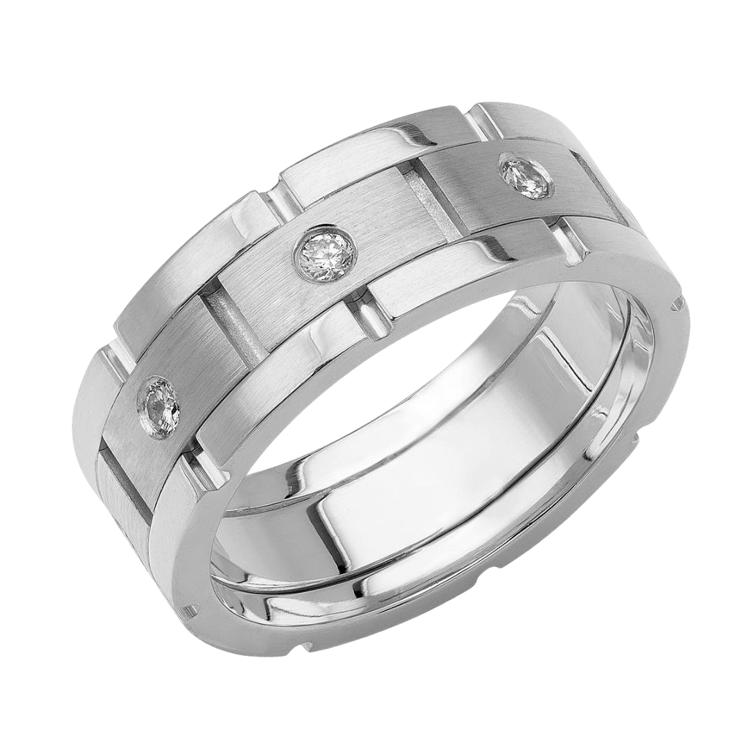 Rolex style 8mm platinum men's diamond wedding band with satin and shiny finishes and 8 round diamonds.