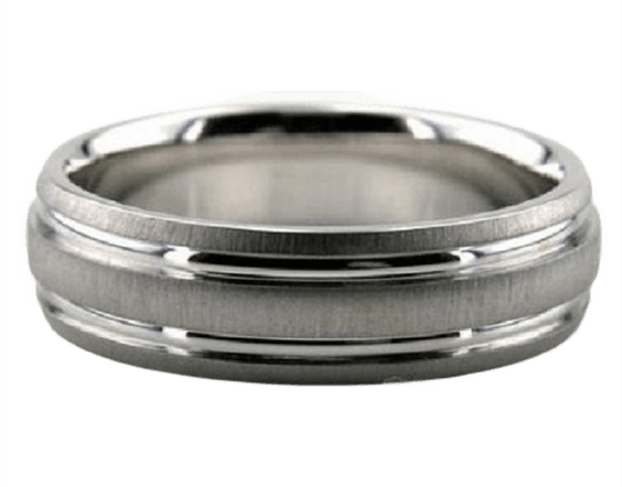 6mm brushed finish platinum wedding band with shiny parallel lines, comfort fit, manufactured in New York, USA.