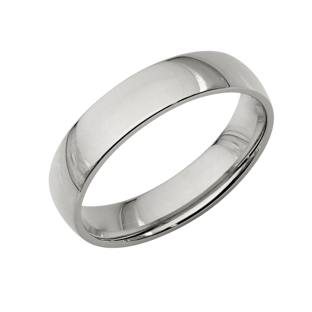 5mm unisex dome platinum wedding band with shiny finish, comfort fitted, made in New York, available in various styles.