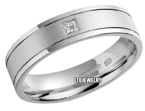 Stylish platinum wedding band with a princess cut diamond, featuring a satin and shiny finish, 6mm wide.