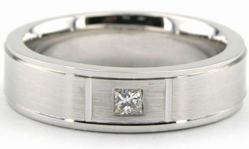 Platinum wedding band featuring a princess cut diamond, satin finish center, and shiny edges, comfort fit design.