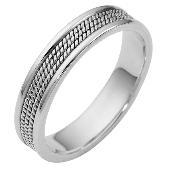 Handmade platinum rope braided wedding band for men and women, 5mm wide with shiny finish, comfort fit.