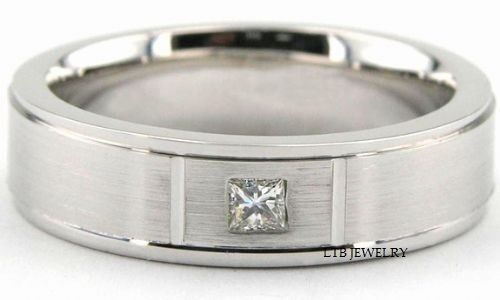 Elegant solid white gold men's wedding ring with satin finish and princess cut diamond, approx. 0.10 carats, comfort fit design.